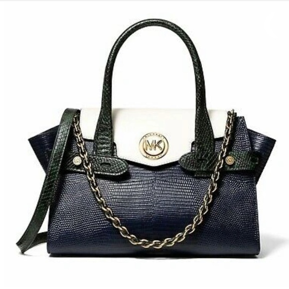 Michael Kors Carmen Navy Dark Green & White Leather Satchel